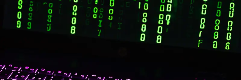 Columns of green binary digits scrolling down a dark computer display
