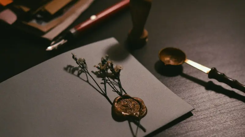 A red wax seal pressed onto a folded paper document