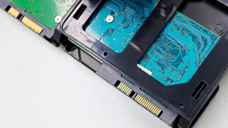 A green circuit board with memory chips and copper traces