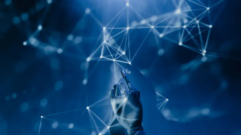Abstract network of glowing connected nodes against a dark background