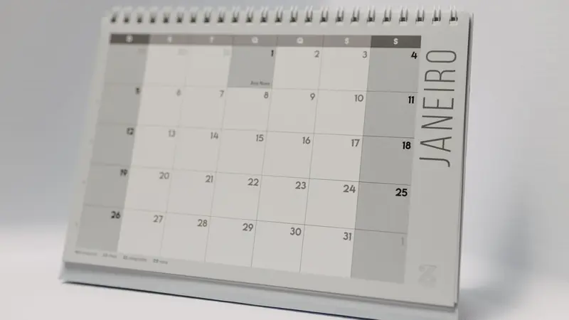 A paper calendar open on a desk beside a pen
