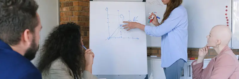 A marketing team reviewing campaign charts on a whiteboard