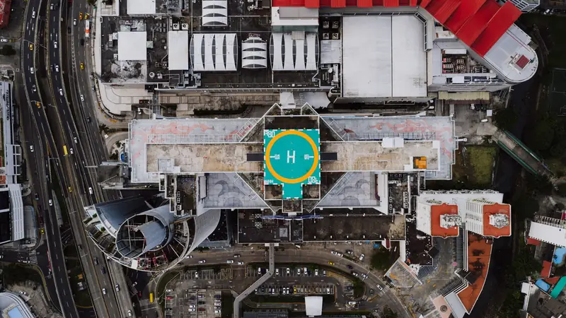 An aerial view of a city street grid